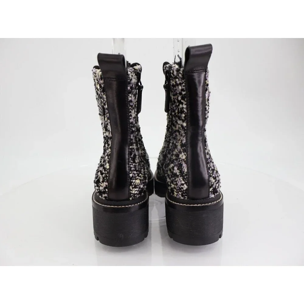 Tory Burch Miller Lug Sole Tweed & Leather Bootie Size 5 Black Women Combat Boot